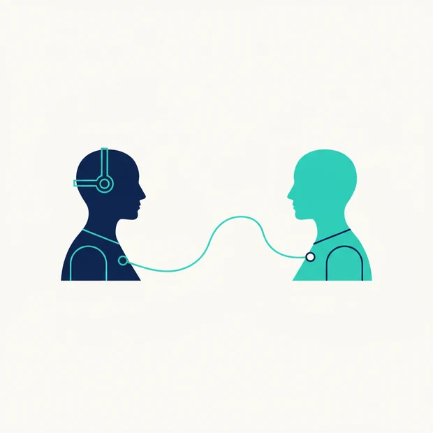 Illustration: two figures in profile facing each other, the one on the left in navy wearing a headset, joined by a single sweeping teal line.