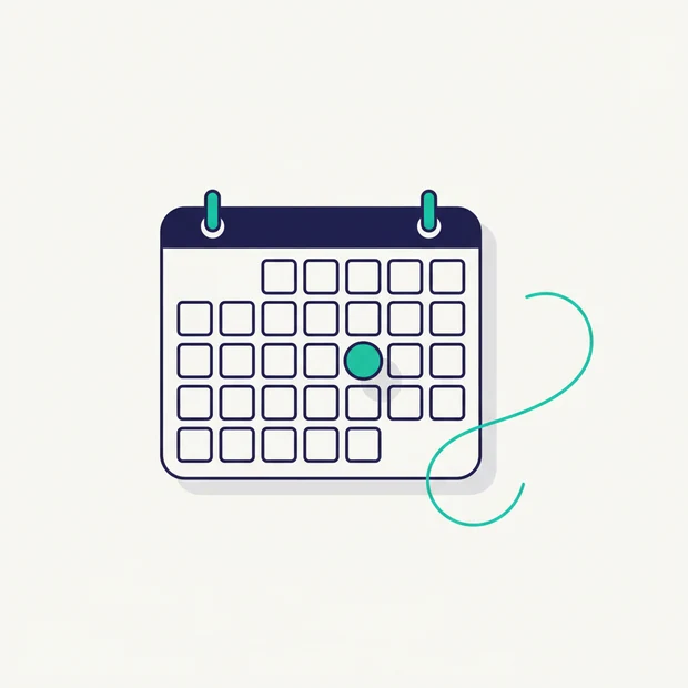 Illustration: a calendar grid drawn in navy with a single teal token resting on one of the squares, and a teal line looping back on itself beside it.