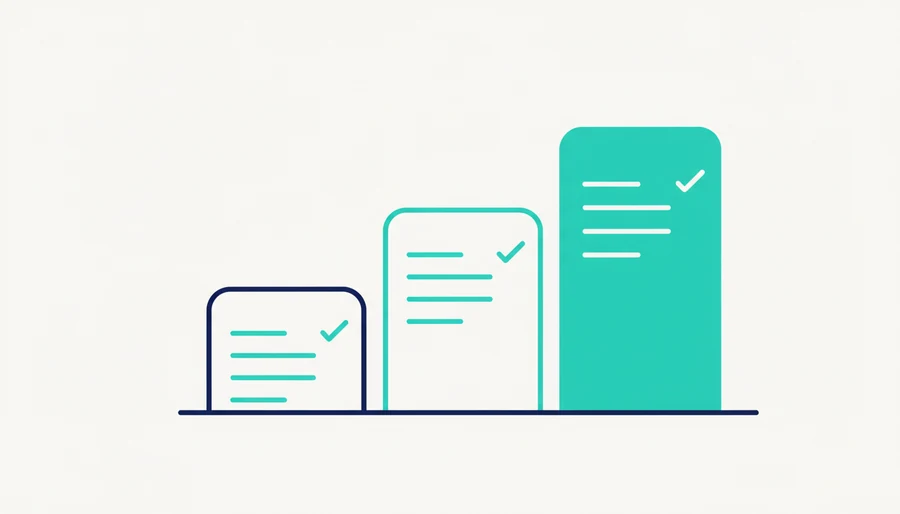 Illustration: three rounded cards standing on one line like a staircase, each with a few lines and a tick, the tallest one filled solid teal.
